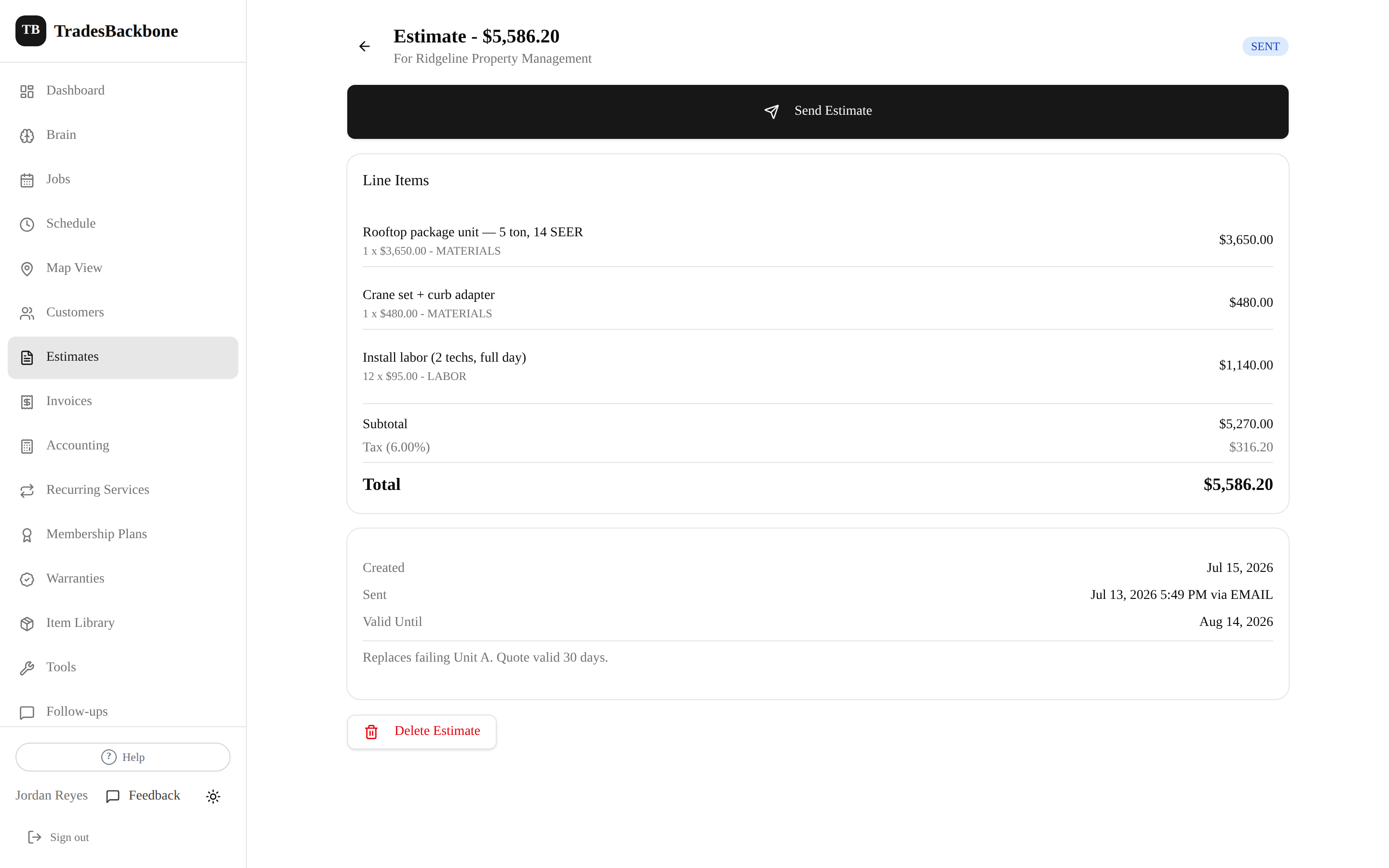 An approved estimate in TradesBackbone with a 'Create invoice from estimate' action